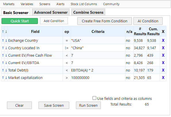 Screener.co Stock Screener Interface